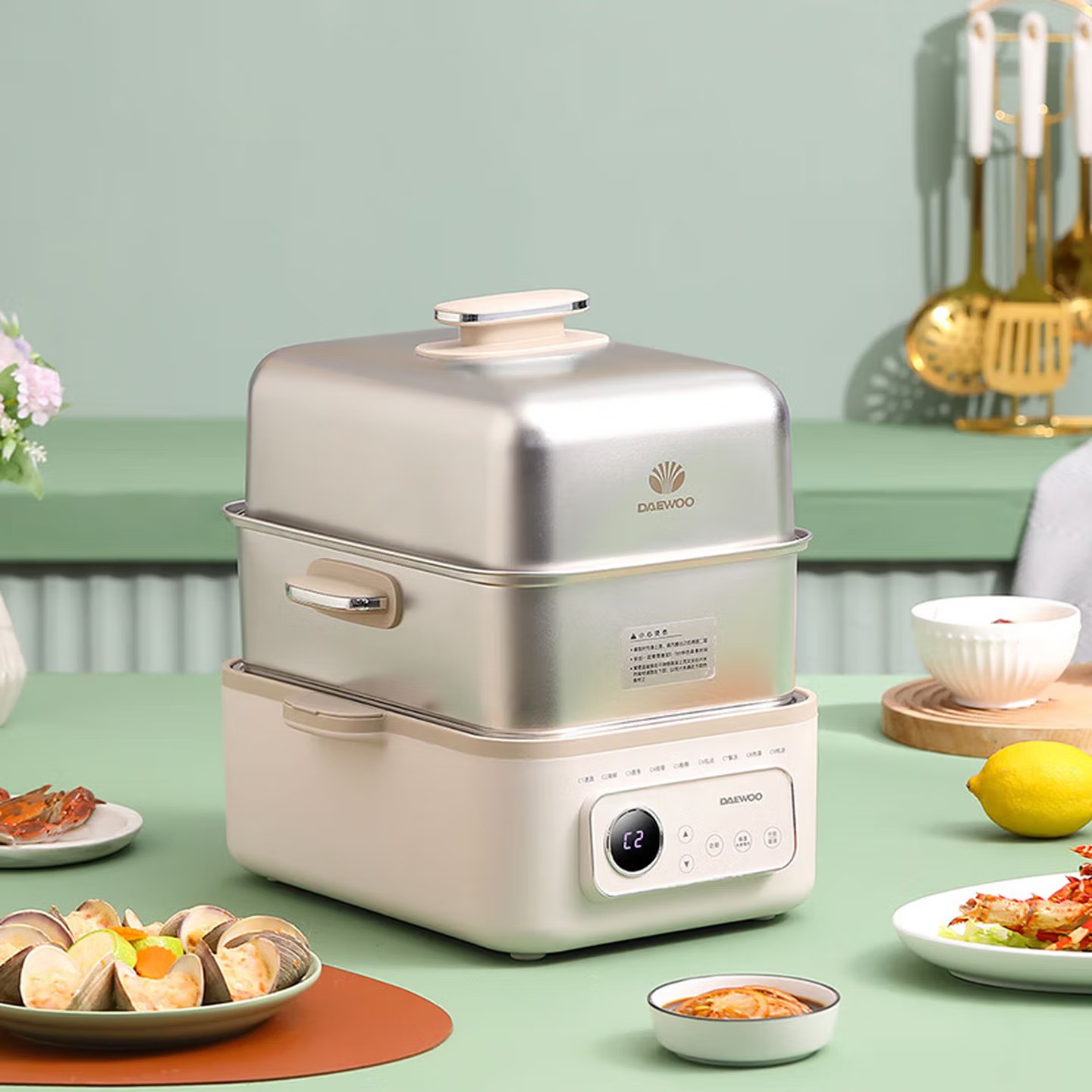大宇(DAEWOO)12L家用多功能电蒸锅大容量双层不锈钢蒸炖可预约保温蒸锅 DYZG-1568 流苏白