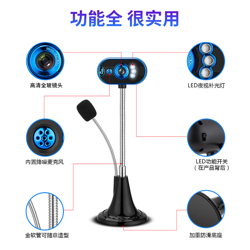 电脑摄像头带麦克风台式机笔记家用免驱usb外置视频头话筒夜视网课教学上课驾校英语学习直播设备一体机通用智能摄像机尚辉