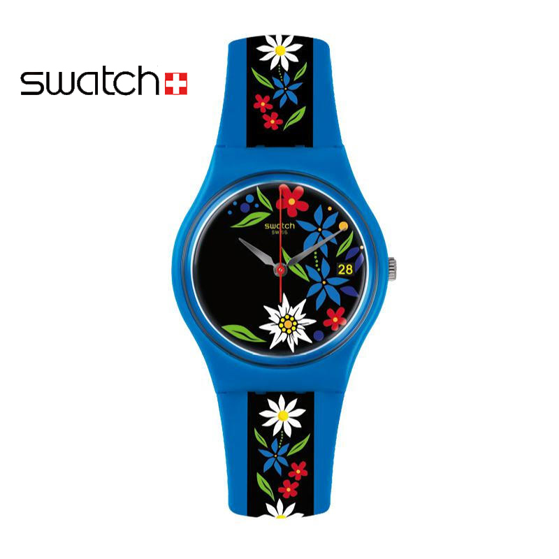 斯沃琪(SWATCH)手表 色彩密码系列 瑞士特色 花朵图案 蓝色树脂表带 石英男女通用表GN412