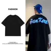蓝缕金(LANLVJIN)男士T恤夏季2022新品潮牌字母印花半截袖体恤青年圆领棉五分袖上衣大码休闲胖子短袖上衣男装