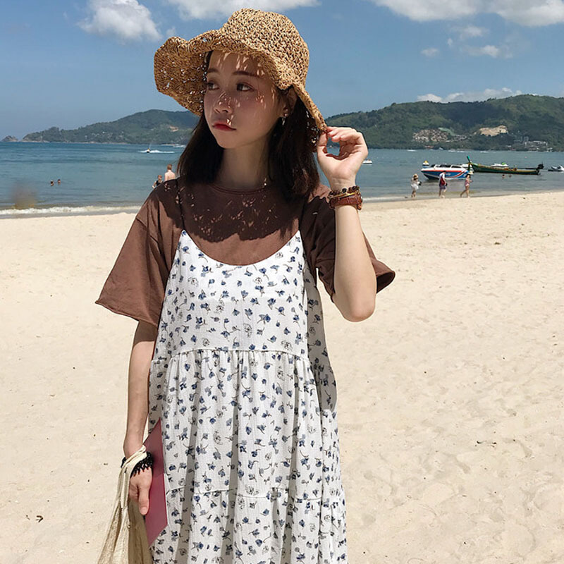 春夏女装韩版宽松气质小清新雪纺碎花带裙中长款显瘦连衣裙长裙白色均码
