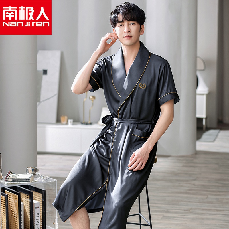 南极人睡袍男士夏季冰丝短袖中长款浴袍薄款家居服大码可外穿