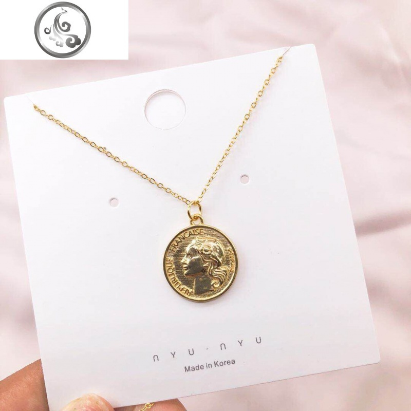 s925纯银硬币项链女王复古钱币钱币吊坠超火ins冷淡风简约毛衣链 L款纯银金色45CM