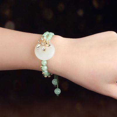 款式风手链女复古绿玉髓手串玉扣小清新手绳编织文艺古风饰品