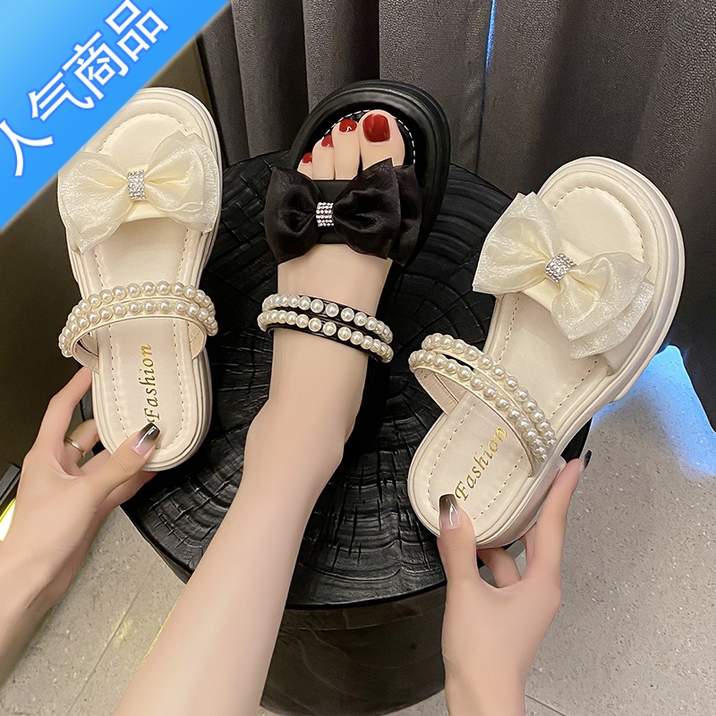 SUNTEK厚底拖鞋女夏外穿2023新款两穿凉鞋时尚珍珠仙女配裙子沙滩凉拖鞋高清大图