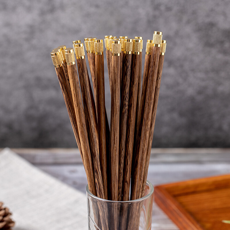 拾画 无漆无蜡家用防滑鸡翅木筷子 创意铜头木 金色筷子 十双装 SH-6325高清大图