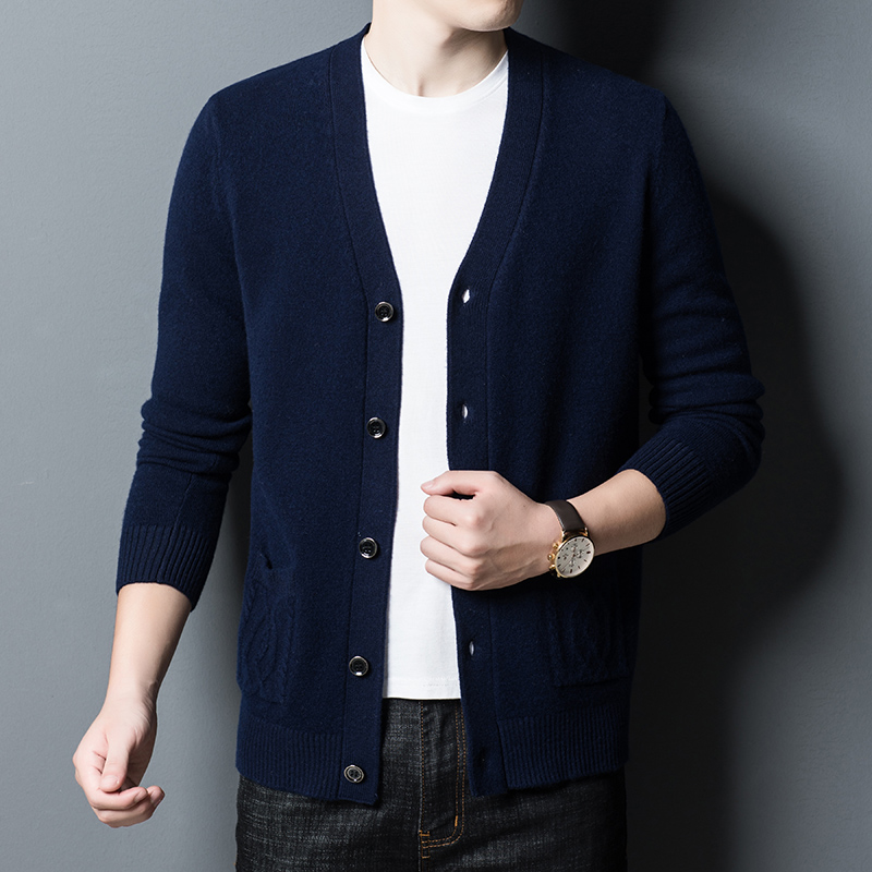 加厚真口袋v领开衫100%纯山羊毛绒男针织衫2024春秋毛衣外穿加厚高端羊绒衫外套鸡心领口袋羊绒衫男纯羊绒开衫男 上青 165/84A