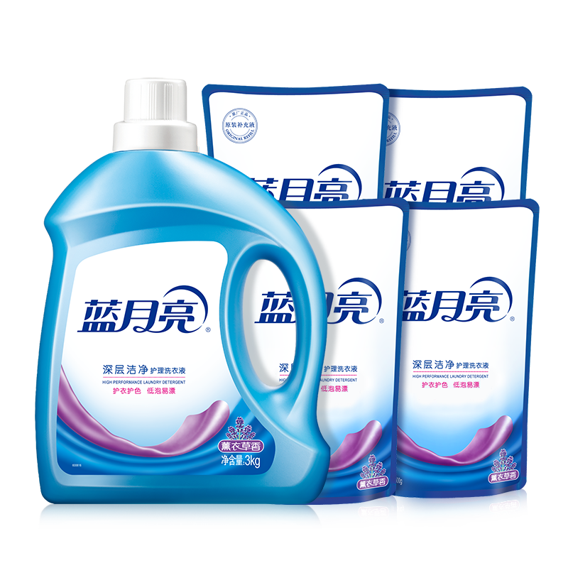 蓝月亮 洗衣液 机洗手洗 深层洁净 去污去渍 低泡易漂洗 薰衣草香 10斤 3kg*1瓶 +500g袋*4
