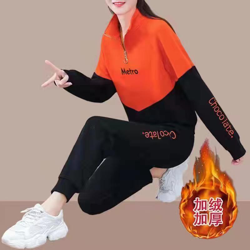 加绒加厚休闲运动套装女2021秋冬季新款韩版宽松大码卫衣两件套潮