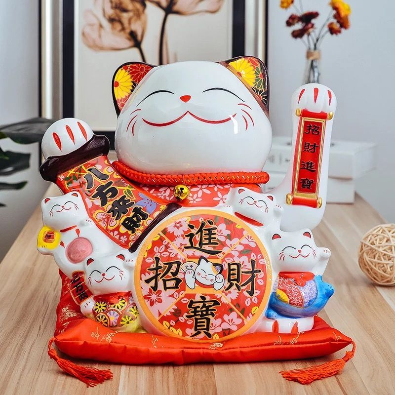 24厘米高和谐生财-122 猫摆件电动摇手家用店铺收银台开业礼品大小号白色陶瓷财猫