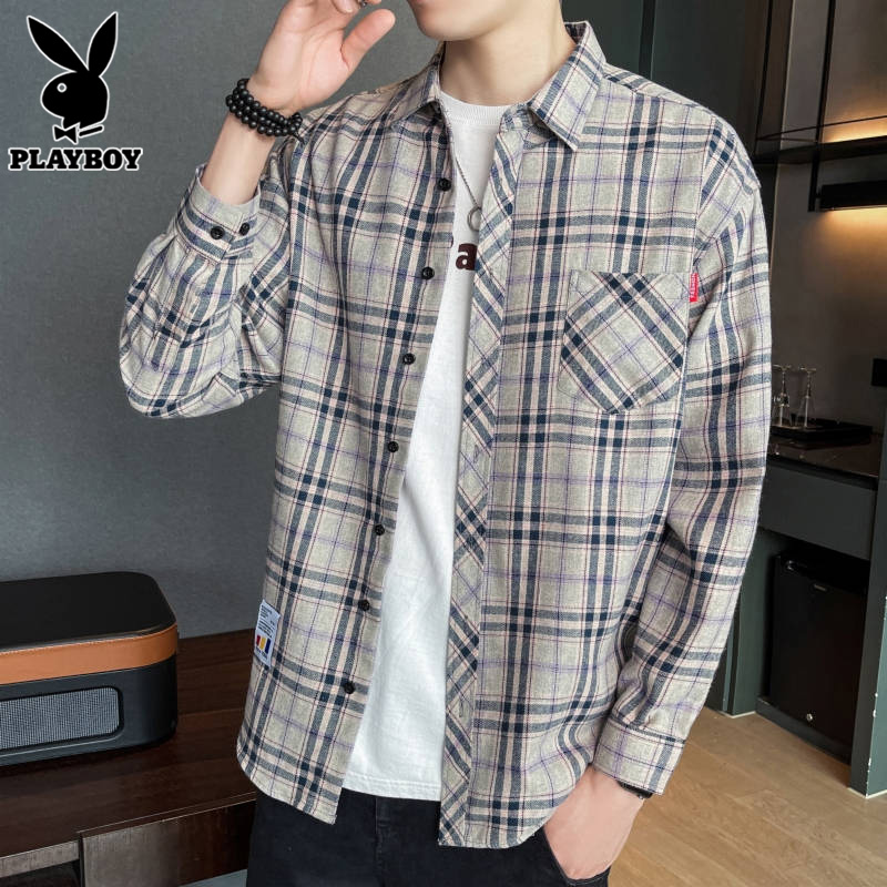 花花公子格子长袖衬衫男士衬衣2025年春季新款宽松百搭寸衫外套公高清大图