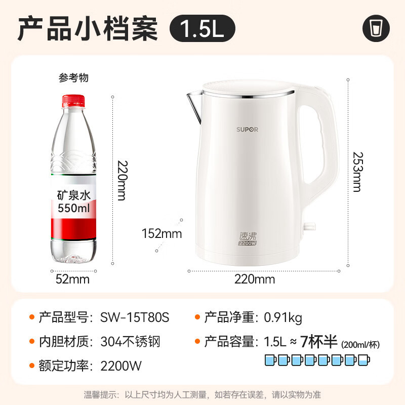 苏泊尔(SUPOR)电水壶烧水壶2200W大功率 速沸热水壶 双层防烫 1.5L电热水壶 SW-15T80S高清大图