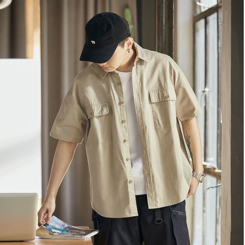 [2.5折价90元]唐狮衬衫男短袖工装口袋短袖衬衫男士短袖衬衫衬衣男短袖男式衬衫短袖图片
