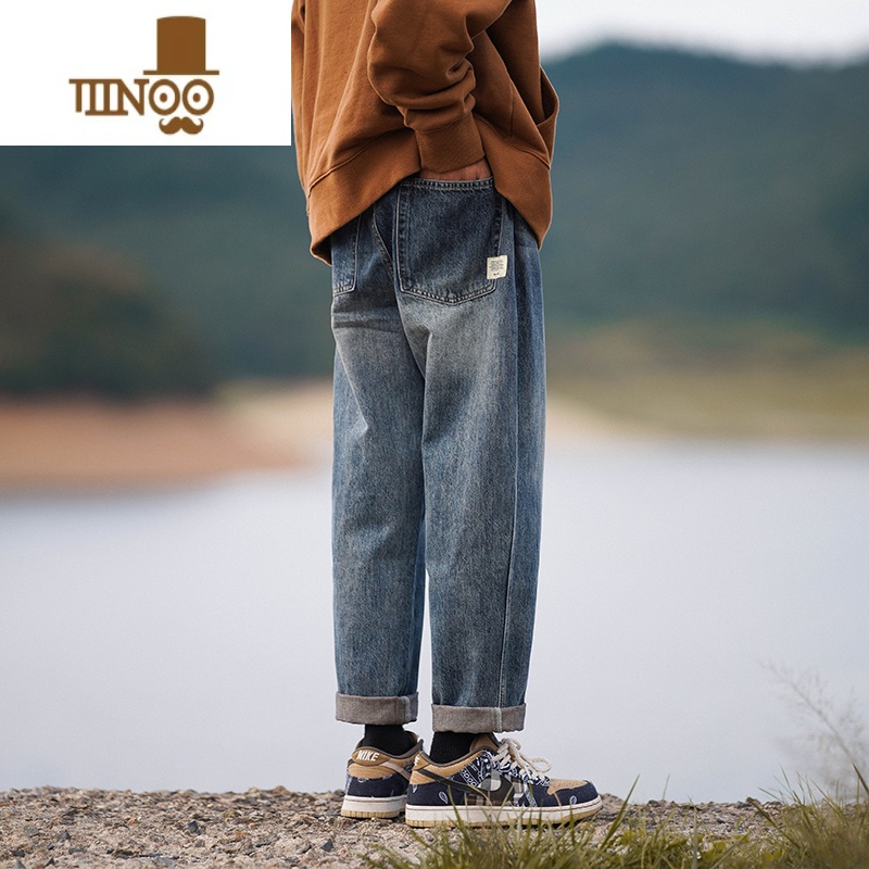 YANXU蓝色牛仔裤男款夏季2023新款美式复古裤子高街潮牌卷边直筒九分裤 蓝色 M