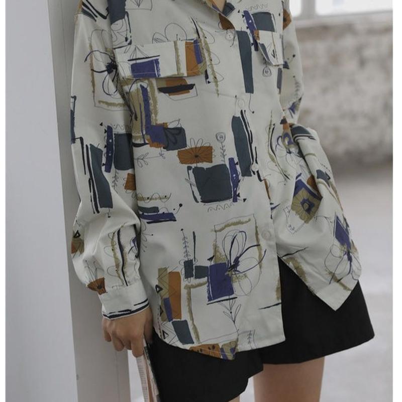 oukabuyi港风印花衬衫小众复古港味雪纺长袖宽松百搭上衣防晒衬衣