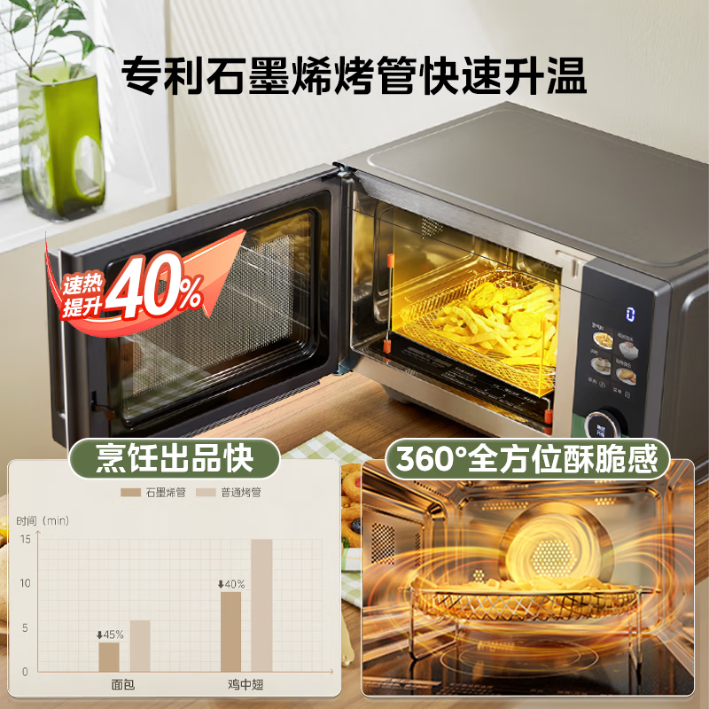 美的(Midea)艺术家微烤炸一体机家用变频微波炉烤箱空气炸智能平板23L容量900W不锈钢内胆石墨烯烤管 C3F6