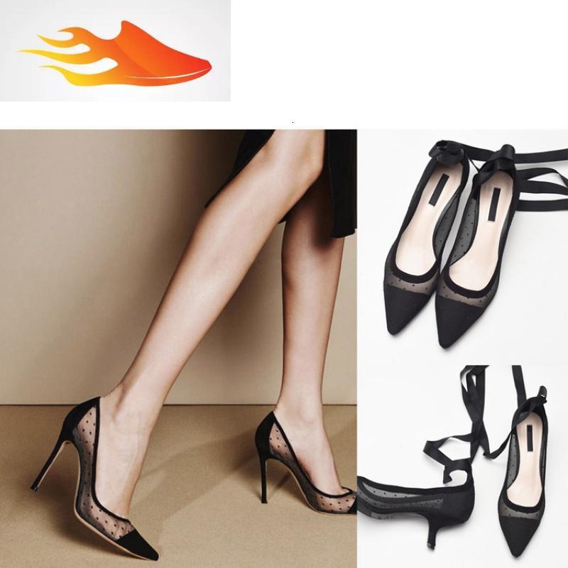 fishbasket夏季新款丝带绑带透明女鞋尖头高跟鞋细跟波点纱浅口鞋女单