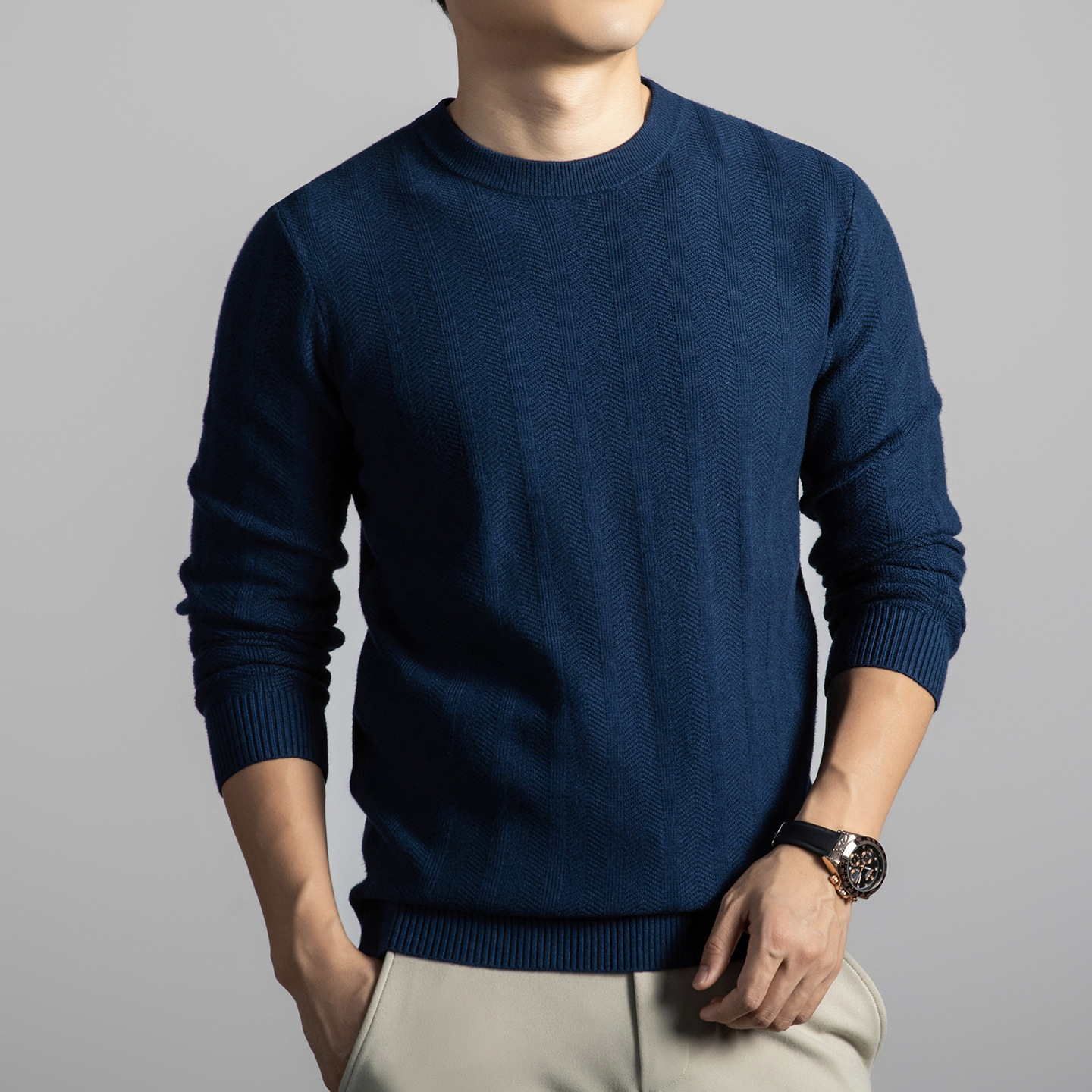 男士毛衣2025秋季新款中年长袖圆领休闲提花打底针织衫男高清大图