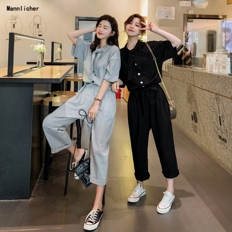 工装连体裤女2019夏新款闺蜜装宽松高腰垂感连衣阔腿休闲九分裤子预售定制款韩版潮牌