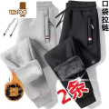 YANXU休闲长裤子男士春2023新款潮流潮牌宽松弹力男生加绒运动N M80-100 浅灰+黑色加绒三杆束脚裤