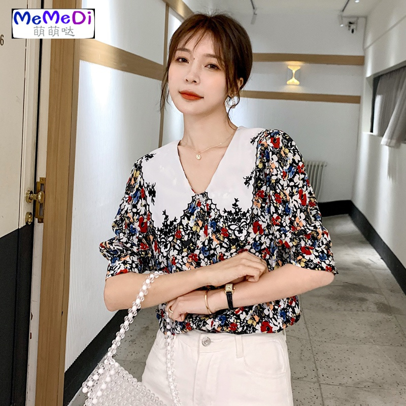 夏季雏菊碎雪纺衫女装夏装2020年新款潮泡泡袖上服方领衬衫