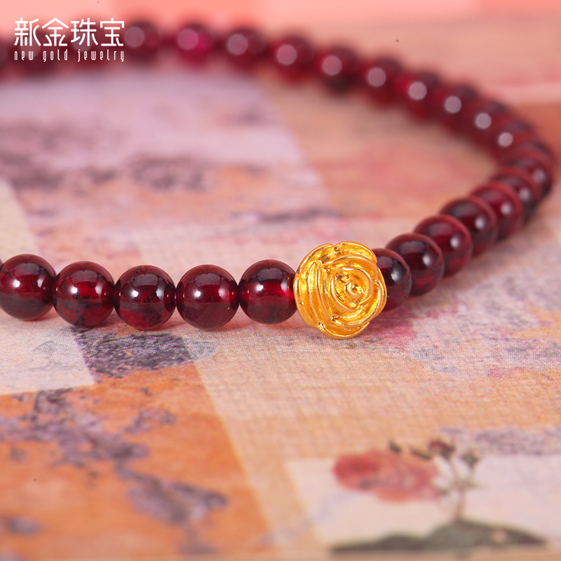 新金珠宝 足金玫瑰花手链石榴石手串夏圆珠手饰1042