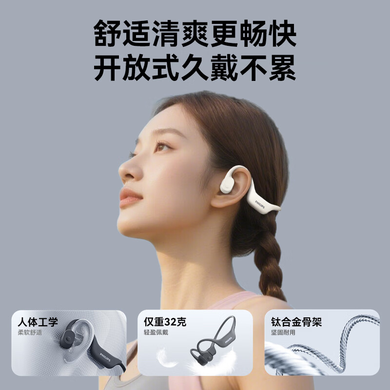 飞利浦 TAA6609C(32G内存款) 骨传导蓝牙耳机专业运动跑步挂耳式无线开放式天蓝色高清大图