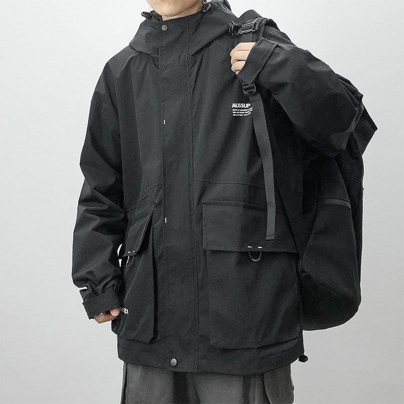 简约工装外套男潮牌大码机能连帽夹克春秋冬季日系宽松百搭冲锋衣