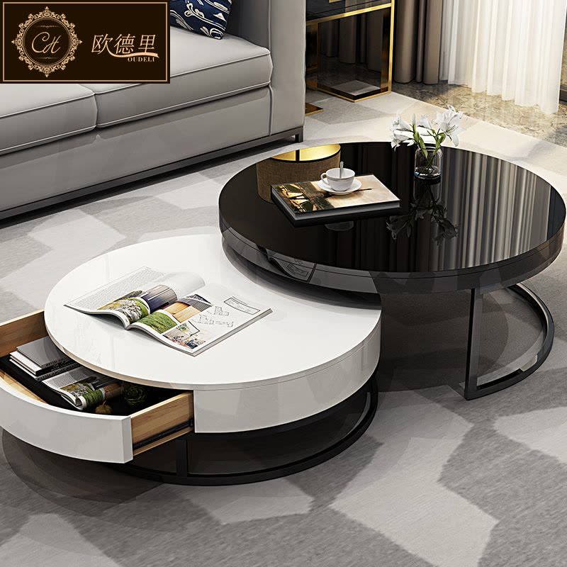 欧德里 现代简约创意茶台黑白圆形北欧大小户型茶几桌子客厅家具图片
