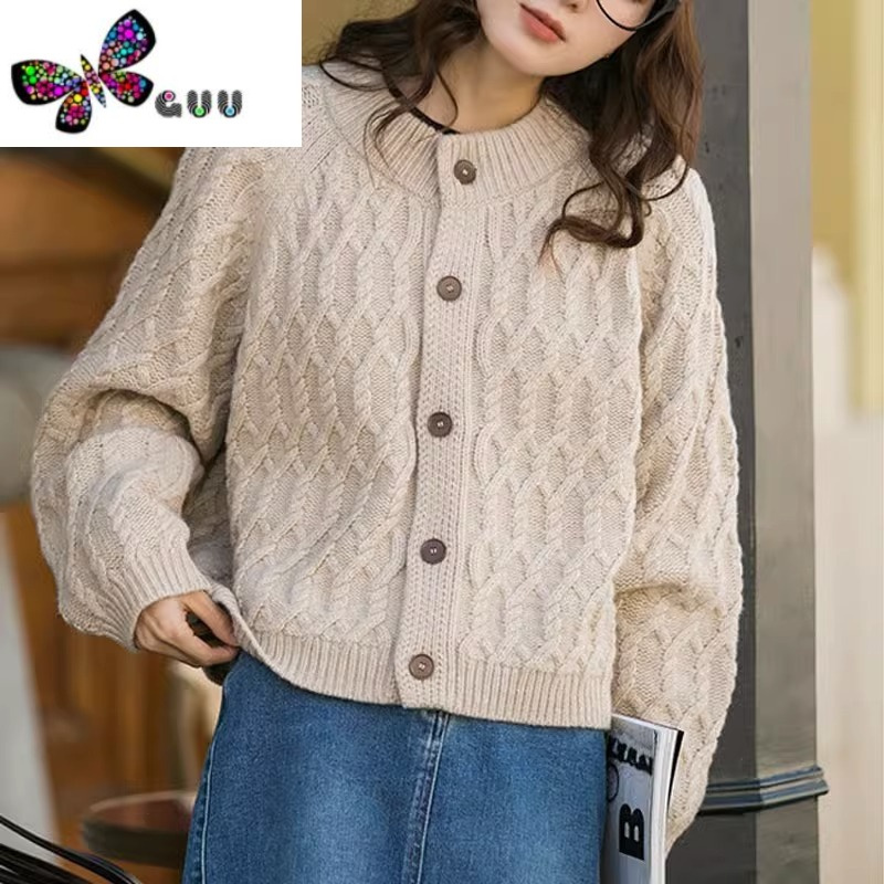 语娄法式复古麻花针织开衫毛衣外套女宽松慵懒风圆领别致加厚上