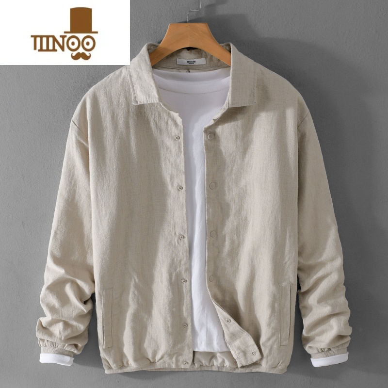 YANXU复古棉麻休闲夹克男新款中式纯色透气苎麻外套翻领亚麻帅气高清大图