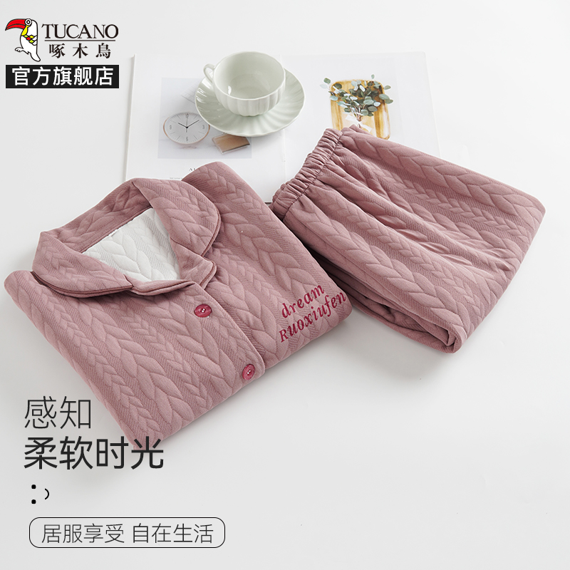 啄木鸟2024冬厚款夹棉睡衣女长袖夹层空气棉中老年大码爸爸家居厚高清大图