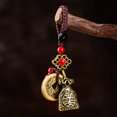 方形钱袋子黄铜小钱袋汽车钥匙扣挂件复古手工编织五帝钱挂绳吊坠包包