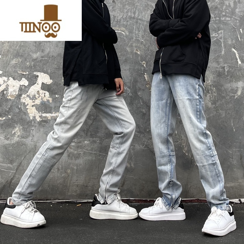 YANXU高街复古水洗浅色牛仔裤男潮牌修身显瘦小脚百搭拉链开衩长裤高清大图