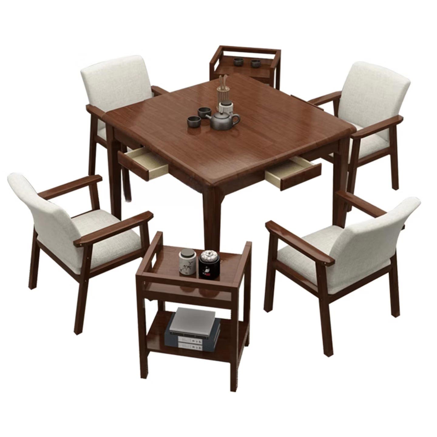 江莱实木四方木桌餐桌一桌四椅 [带抽屉]方桌+4把休闲椅不含茶几 胡桃色 80cm80cm*75cm高清大图