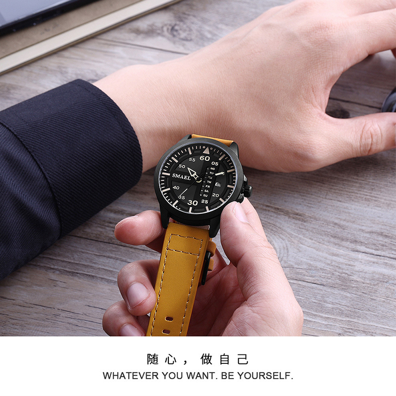 斯麦尔新款户外运动真皮多功能石英表 防水日历街头潮流男士表