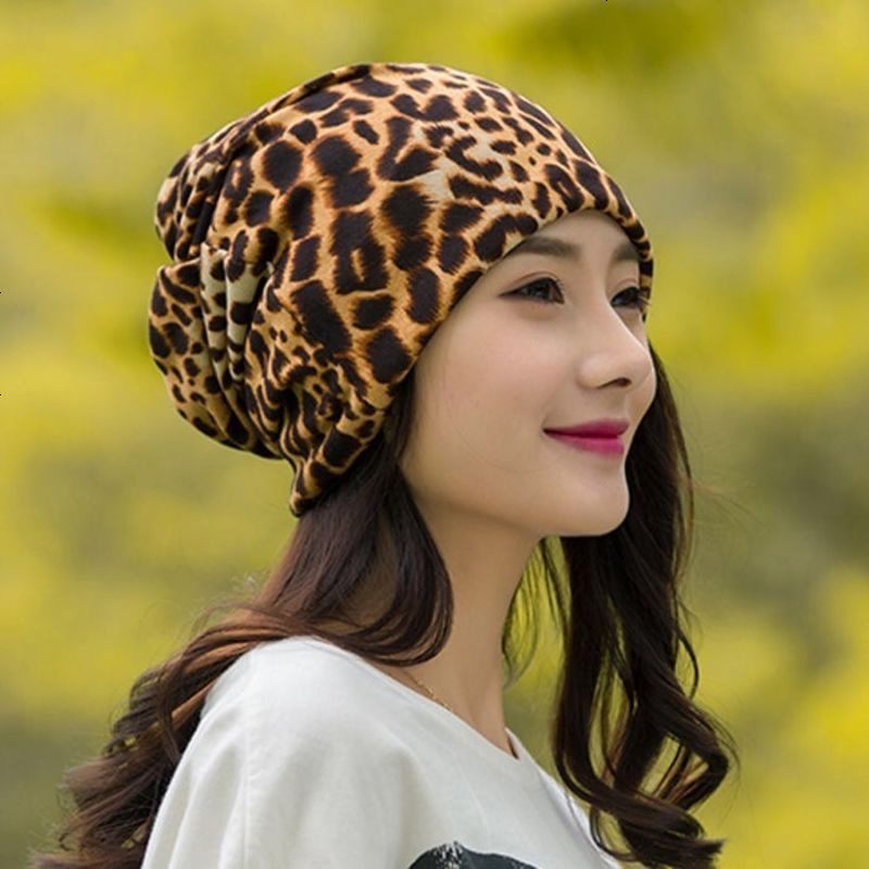 围脖帽子女士针织韩版学生百搭秋冬季保暖圆脸月子头巾堆堆套头帽豹纹