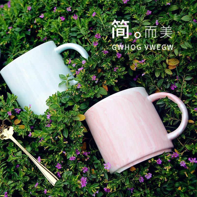 大理石纹陶瓷马克杯水杯子燕麦片早餐杯情侣杯牛奶咖啡杯带盖勺