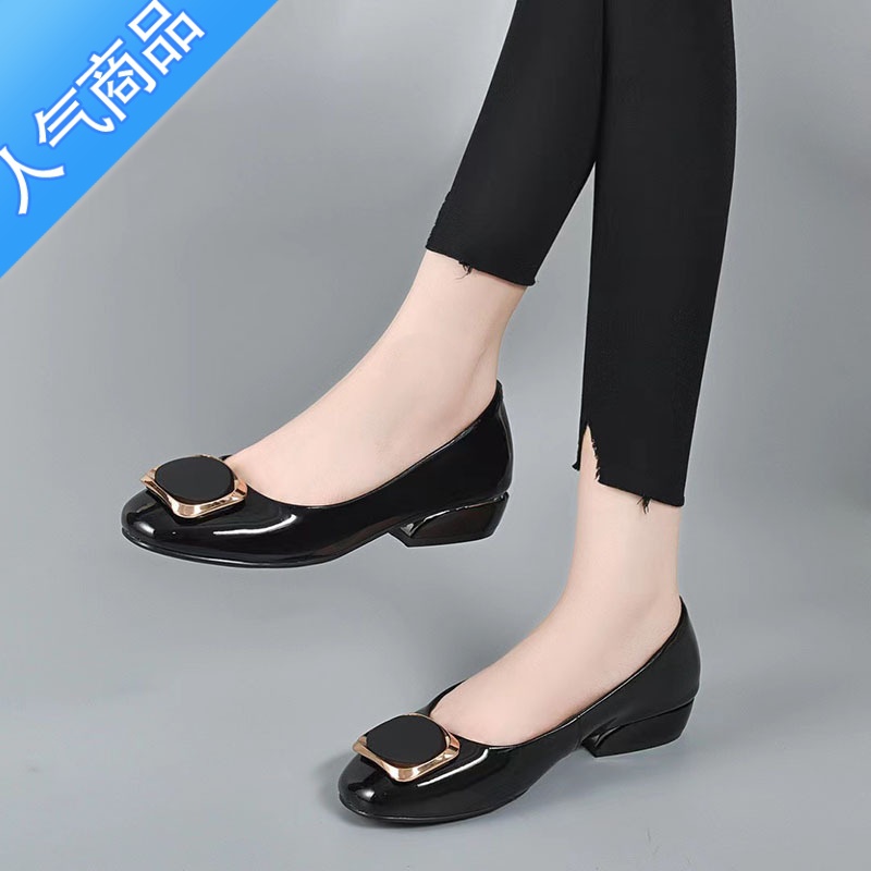 SUNTEK2023春秋新款粗跟浅口乐福鞋女漆皮百搭时尚气质单鞋中跟软K高清大图