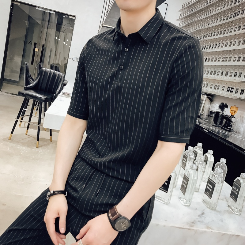 2018夏款新款潮男夜店公子条纹衬衫两件套休闲宽松两件套九分裤男