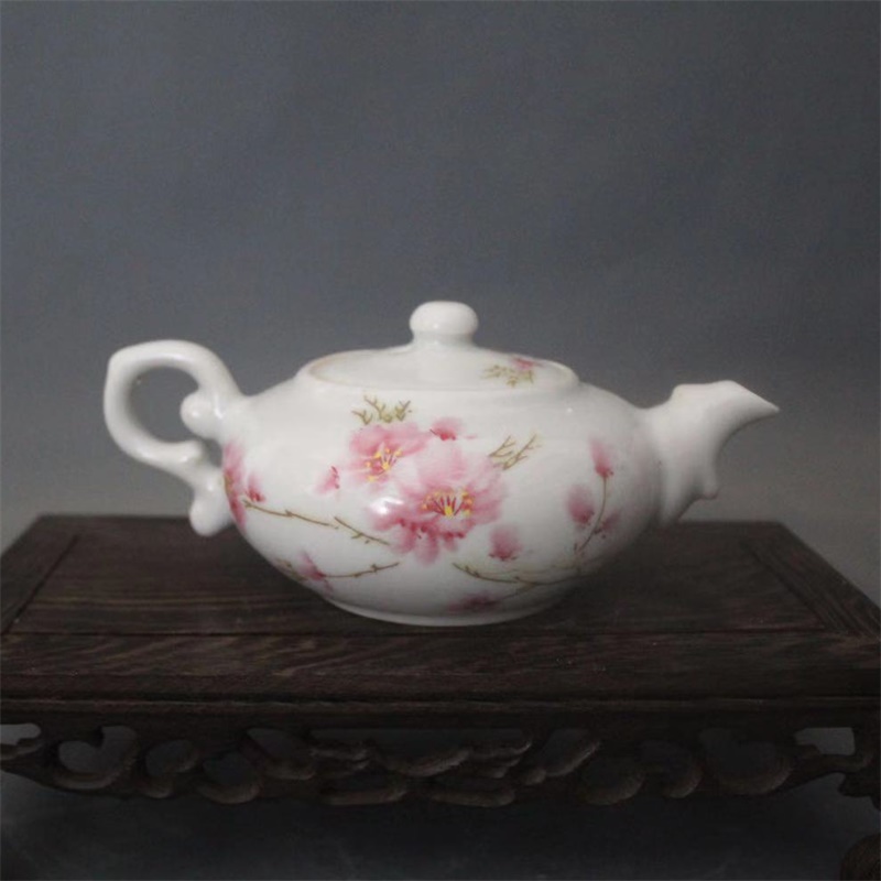 美帮汇景德镇仿古陶瓷研究所1962年落款水点桃花茶壶家居装饰摆件功夫茶高清大图