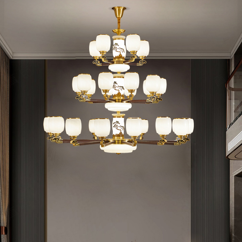 新中式全铜红木大吊灯轻奢大气客厅别墅复式楼中空大厅餐厅灯具