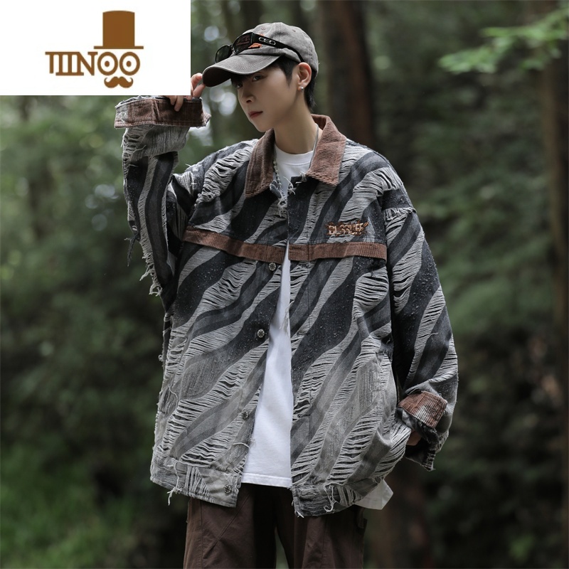 YANXU高街美式渐变色破坏感牛仔外套男拼色设计感小众百搭长袖夹克男生高清大图