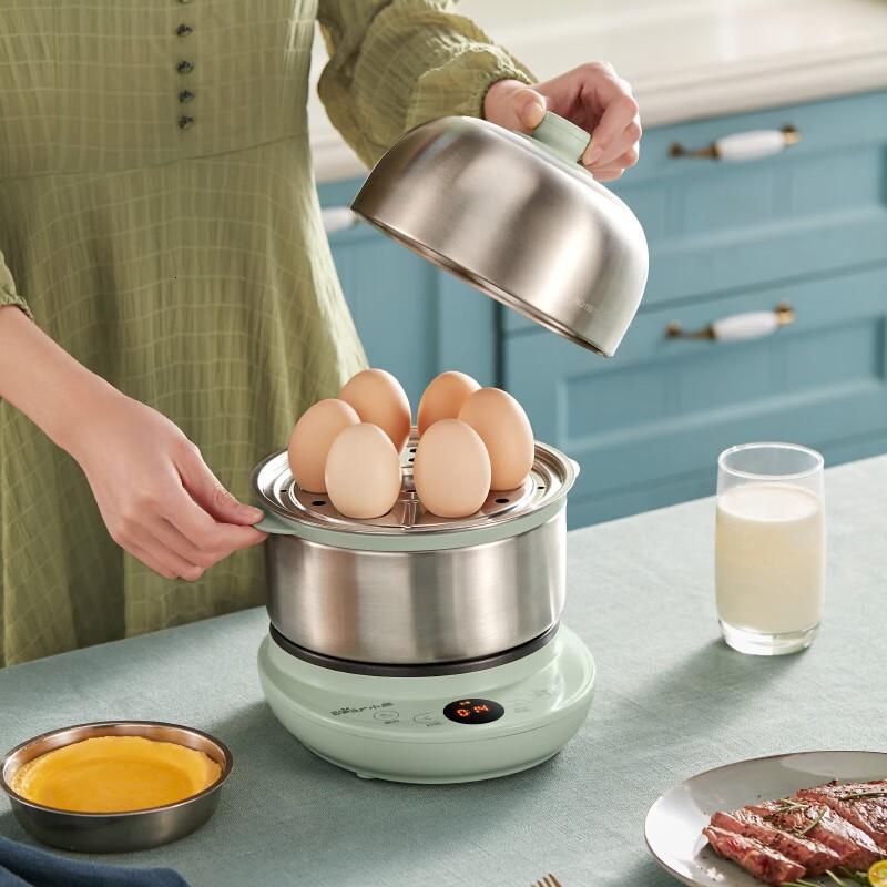 小熊(Bear)煮蛋器 双层不锈钢家用蒸蛋器 迷你不粘煎盘煎蛋器 微电脑预约定时多功能自动断电早餐神器 (蒸煮+煎烙)预