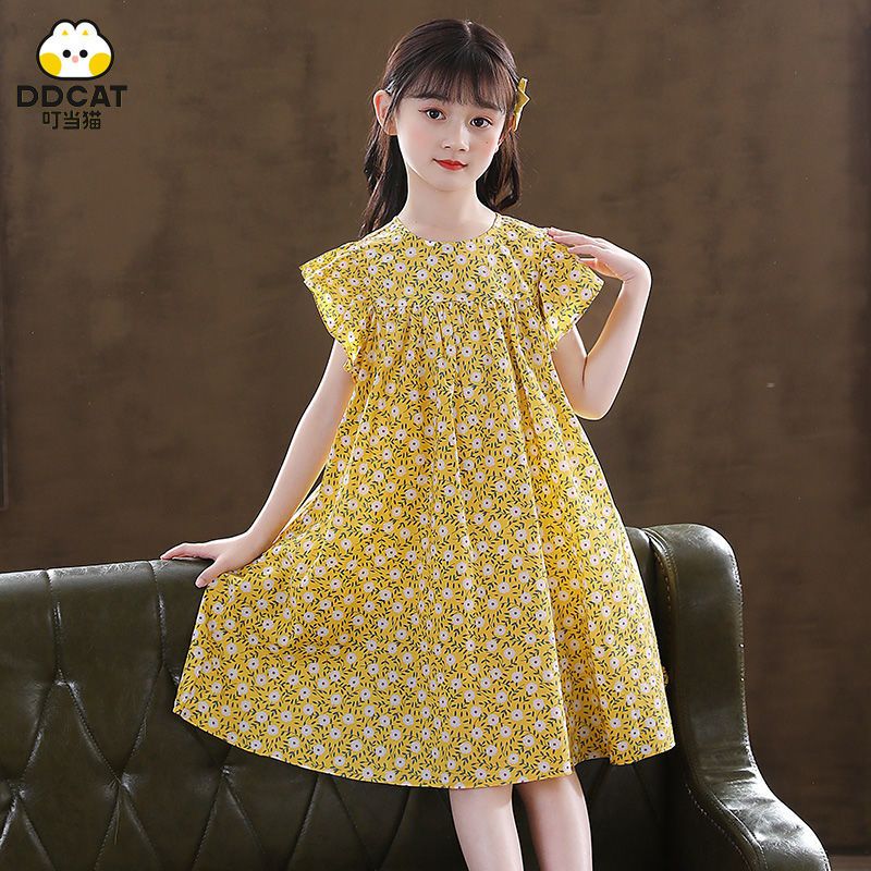 叮当猫女童连衣裙儿童裙子学生洋气夏装中大童甜美女孩法式碎花裙