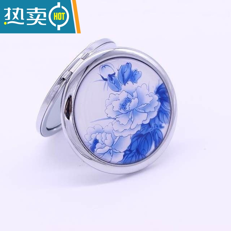 敬平可爱金属化妆镜随身便携美容小镜子折叠创意迷你山水画双面圆镜便携式用镜 青花牡丹#高清大图