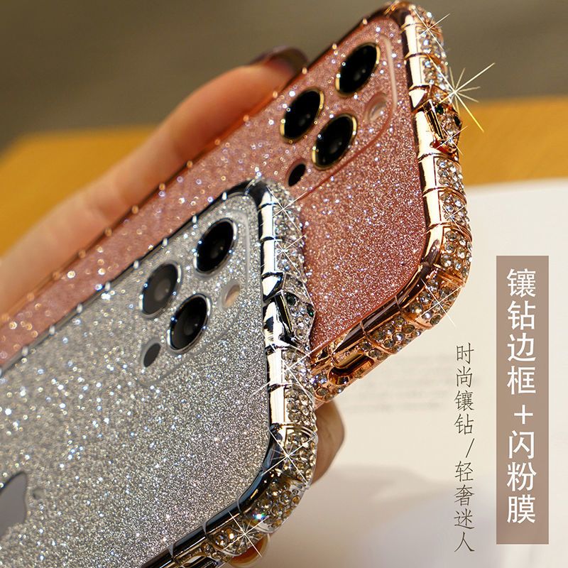 适用苹果13手机壳带钻边框iPhone12PRoMax金属镶钻11水钻保护套女 [钻石银+闪膜]蛇扣 iPhone 12
