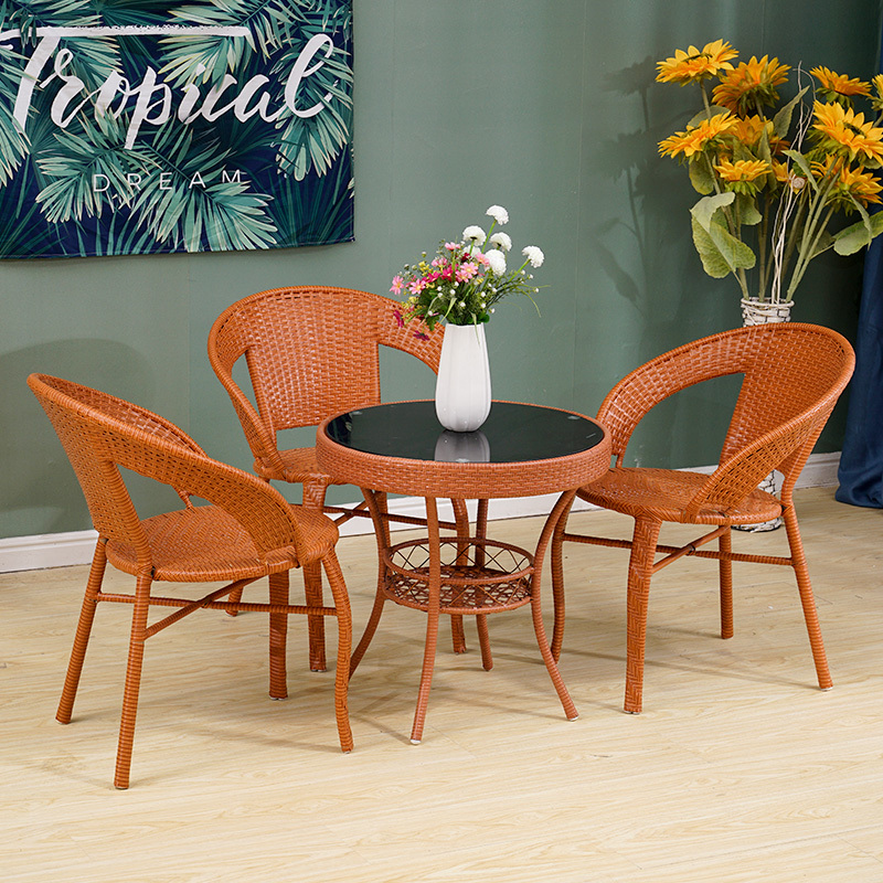 寻木匠阳台小圆桌椅玻璃圆桌子钢化藤编茶几圆形边角几简约休闲桌小