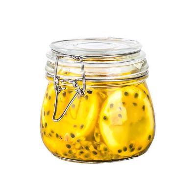 玻璃密封罐蜂蜜柠檬五谷杂粮泡菜坛子茶叶咸菜罐带盖卡扣储物罐 圆500ml(不锈钢卡扣...)
