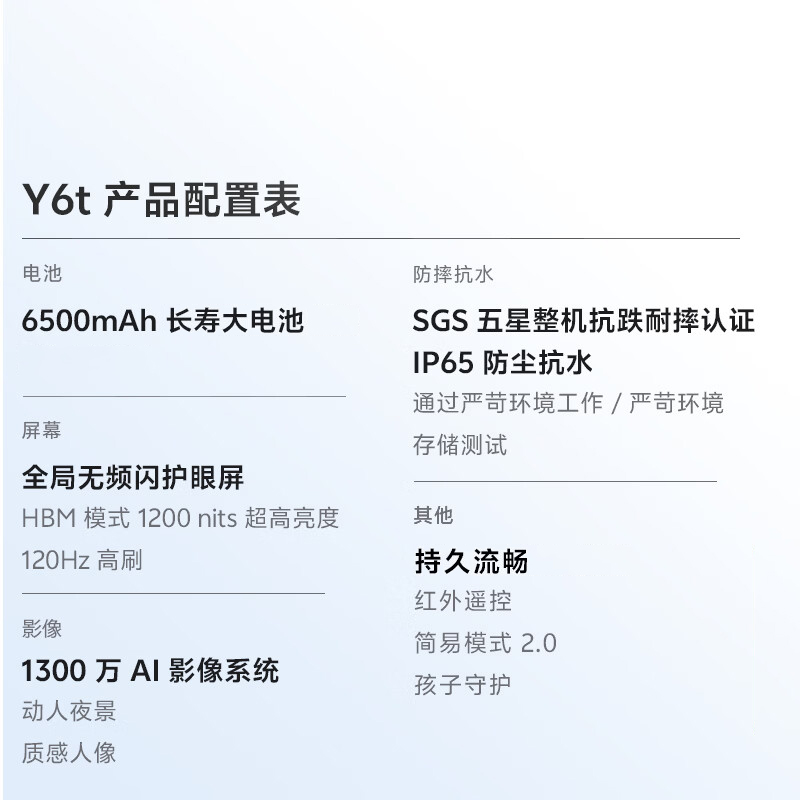 vivo Y6t 6GB+256GB 霞光蓝 5G手机 6500mAh耐用大电池 大屏幕大内存学生备用简易模式老人智能机高清大图